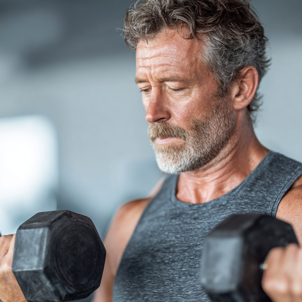 A mature man in his early fifties doing strength training exercises with dumbbells in a well-equipped gym, showing proper form and concentration while working on his fitness goals